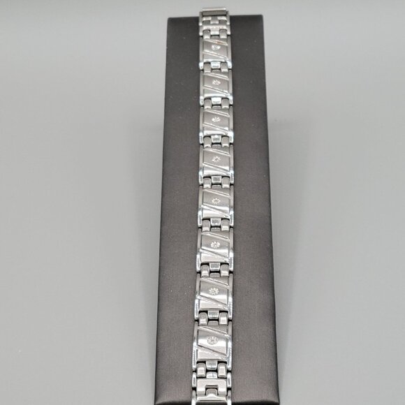 Mens Link Bracelet 10k HDS Diamond Accents Stainless Steel Fold Over Clasp - Picture 2 of 9